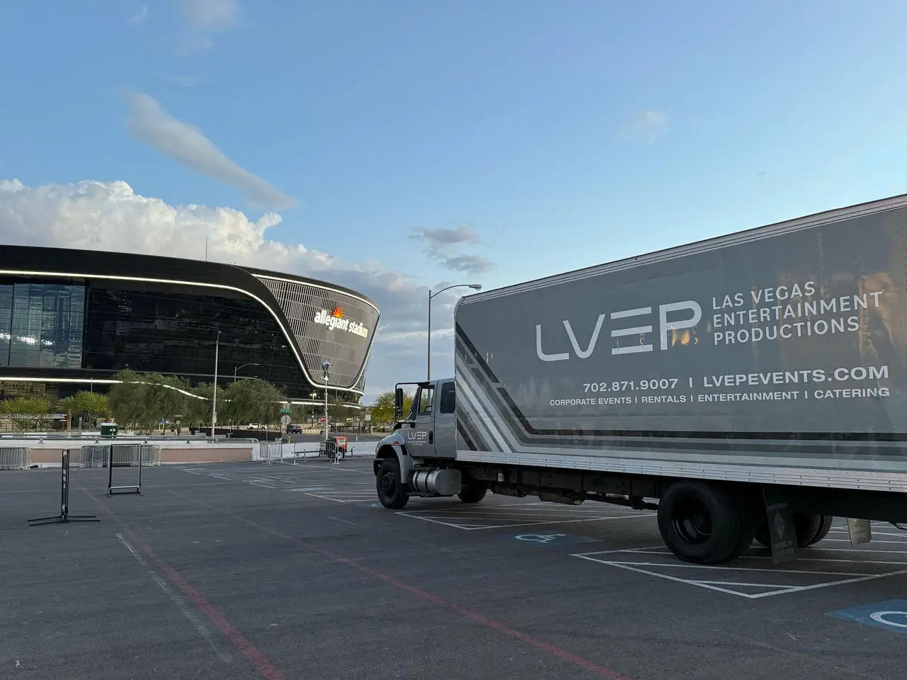 LVEP event production truck parked outside Allegiant Stadium in Las Vegas