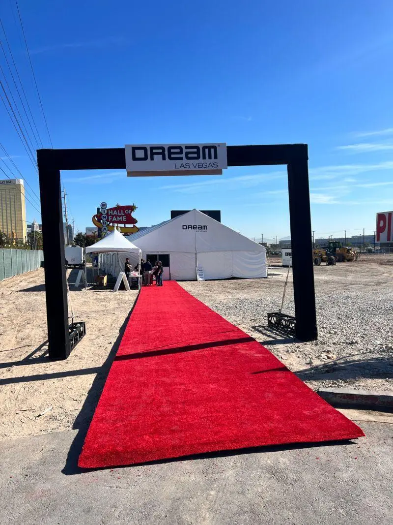 Red carpet entrance archway white tents outdoor for rent in Las Vegas