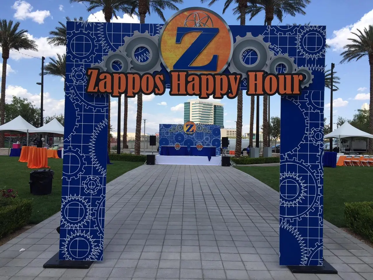 Branded Zappos happy hour archway entrance