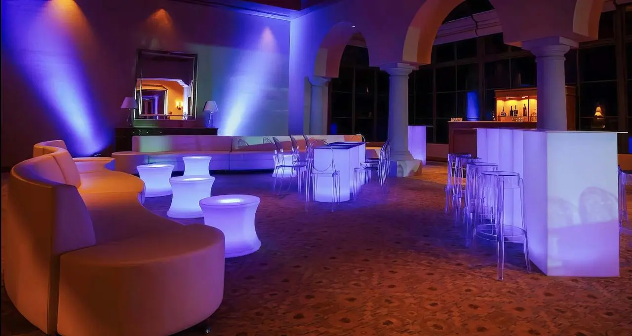 Modern lounge blue orange lighting illuminated furniture for rent in Las Vegas