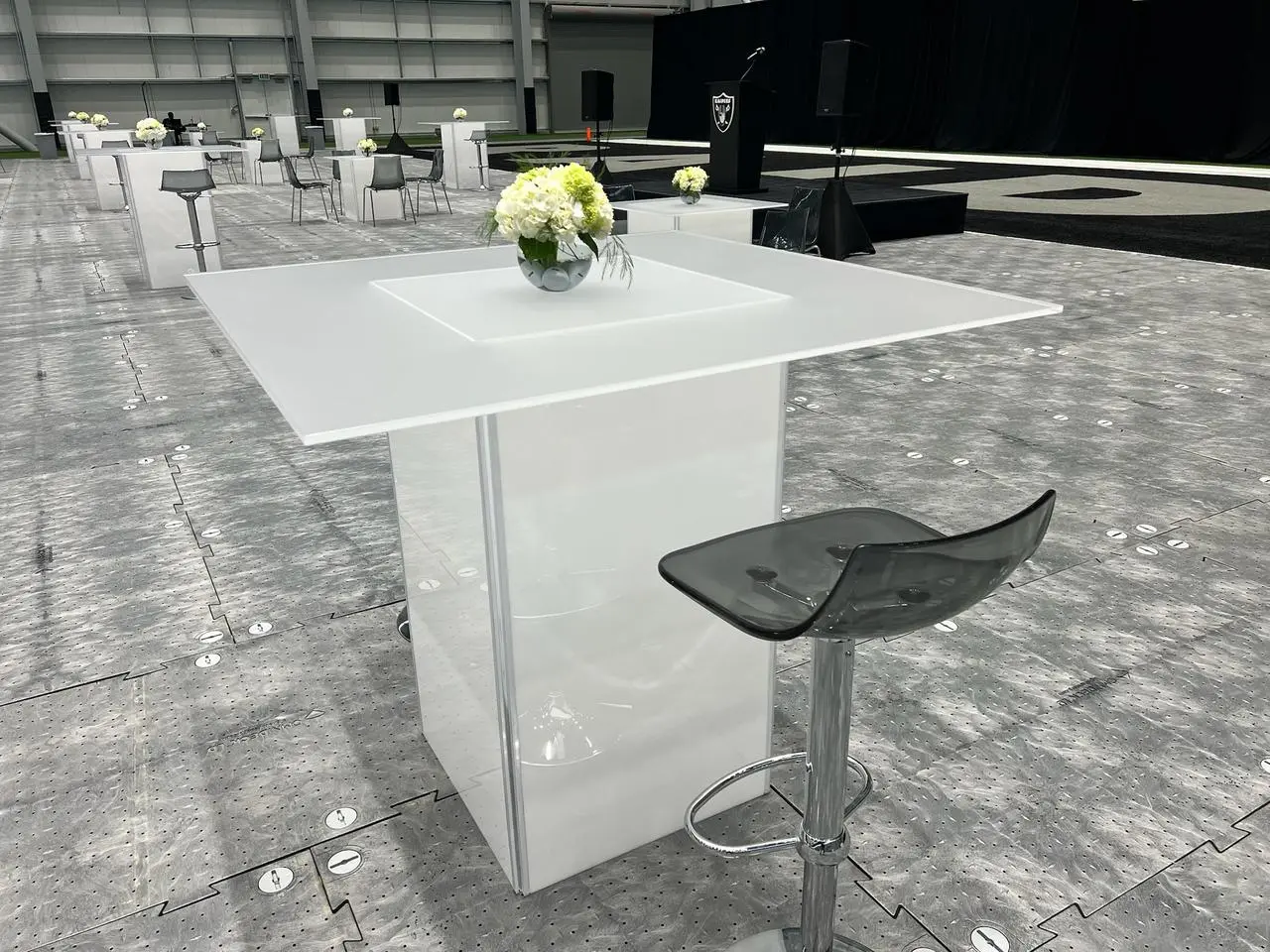 Modern white high top tables bar stools raiders for rent in Las Vegas