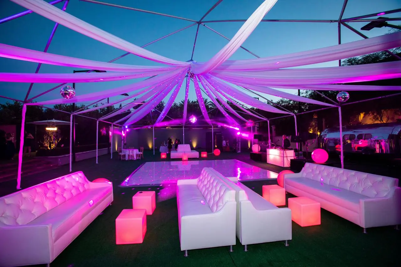 Outdoor tent pink purple lighting white sofas led dance floor for rent in Las Vegas