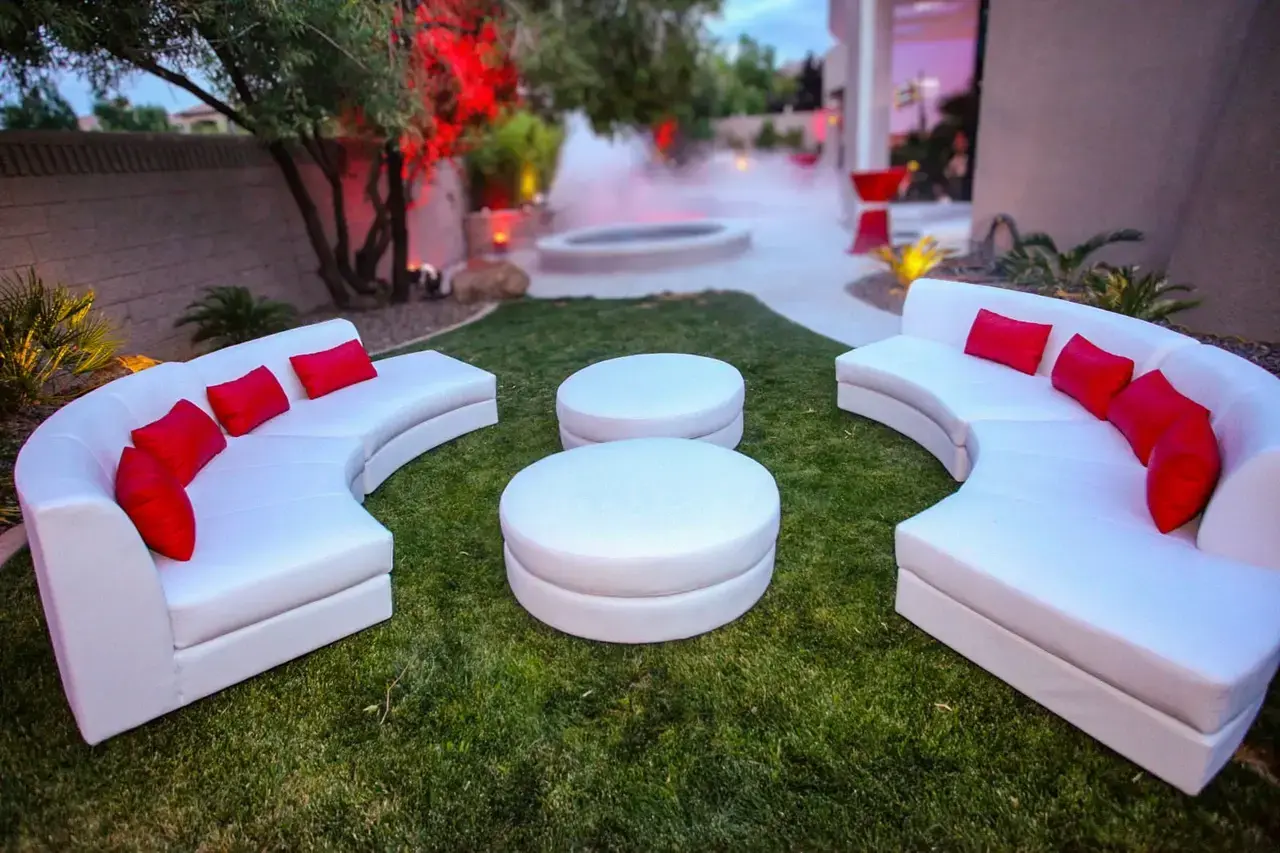 Premium white lounge furniture set up for a Las Vegas event