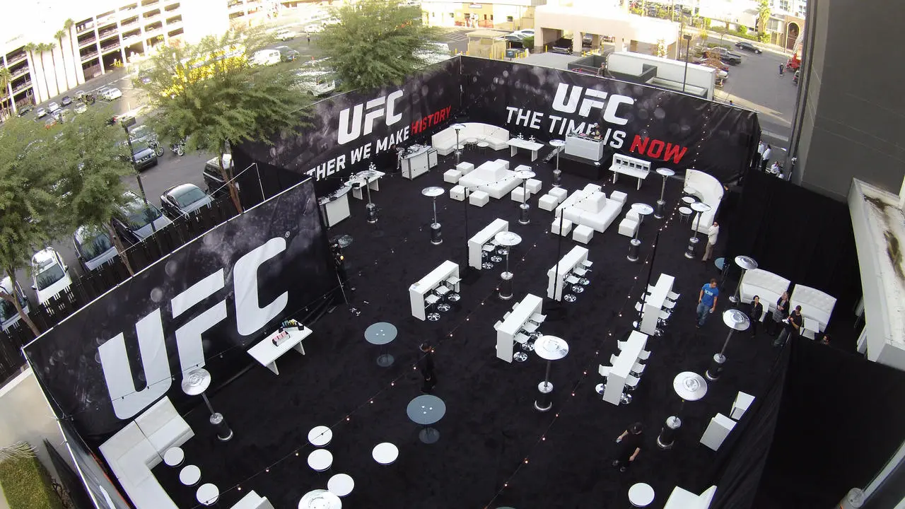 Ufc outdoor event white furniture lounge seating for rent in Las Vegas