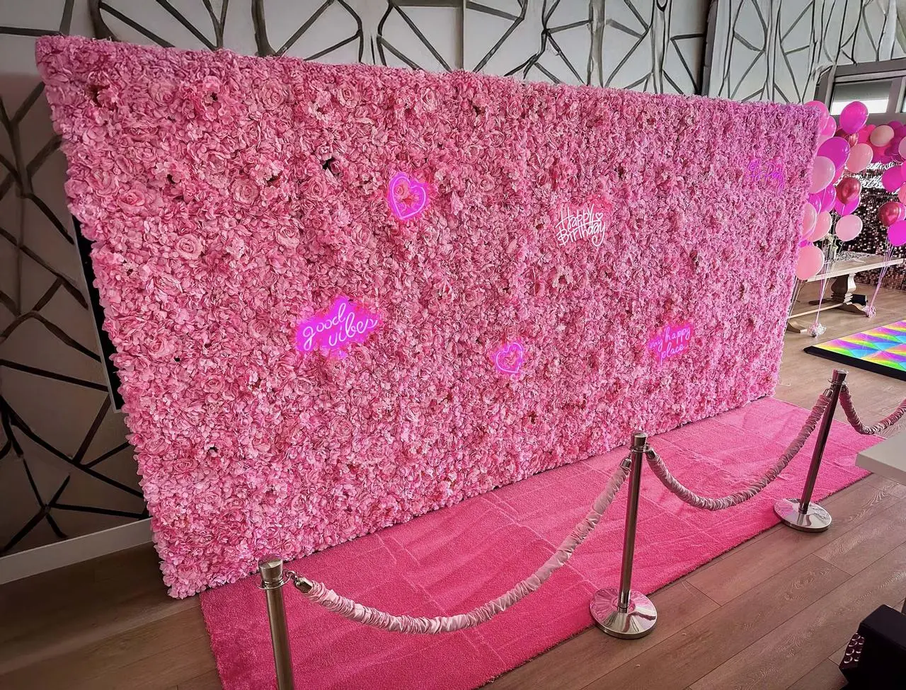 Pink flower wall neon signs birthday party event design for rent in Las Vegas