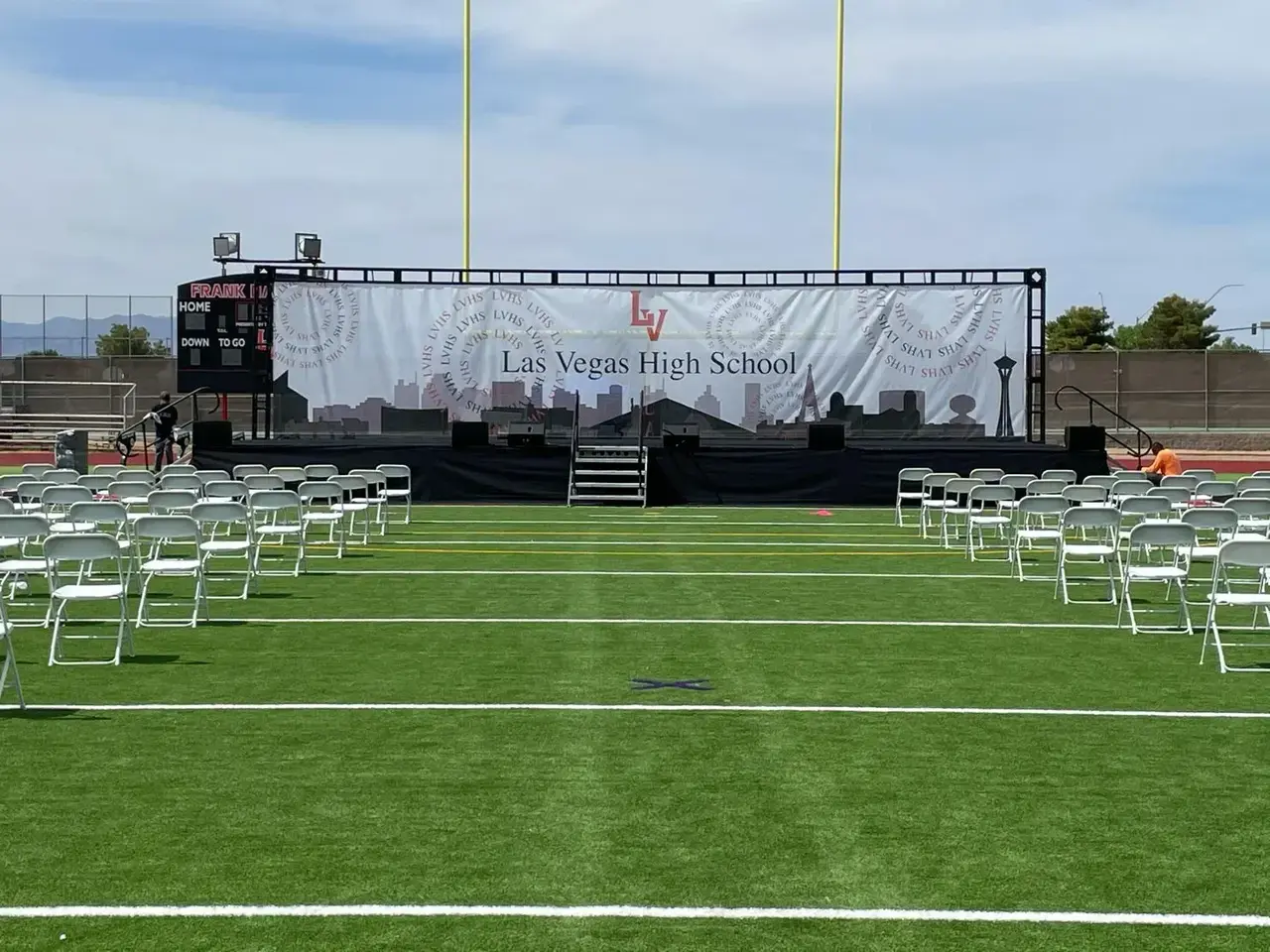 Christmas tree riser stage set for a graduation ceremony