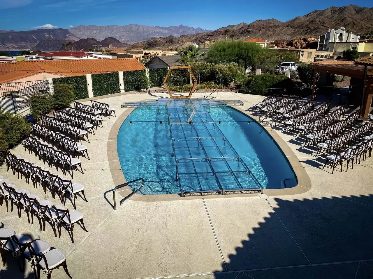 Luxury pool stage over water installation for rent in Las Vegas