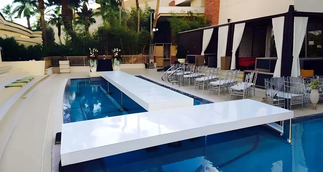 Over water stage pool installation for rent in Las Vegas