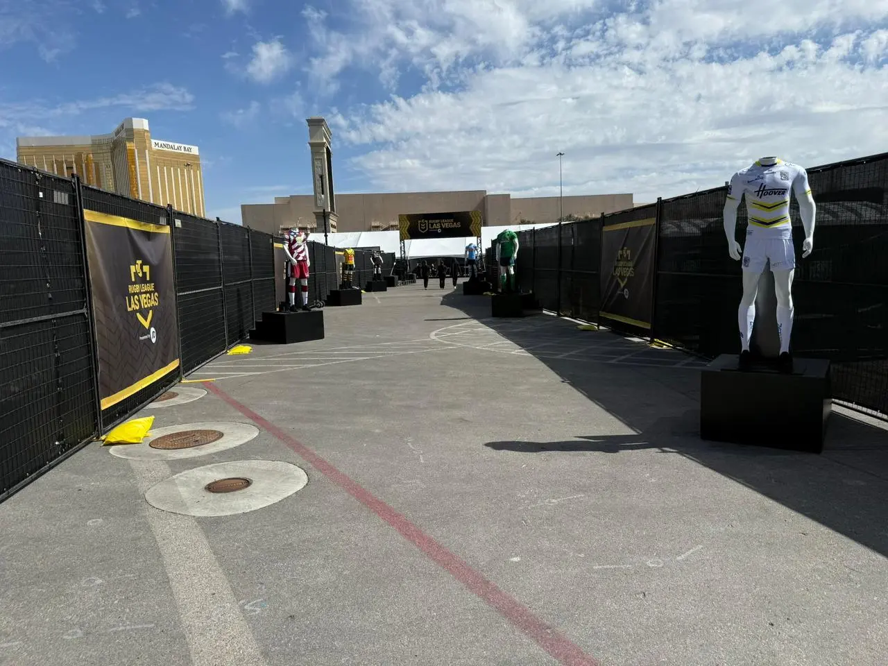Black mesh fence barriers rugby league event entrance for rent in Las Vegas