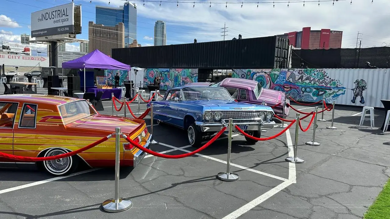 Red velvet rope stanchions chrome lowrider car show for rent in Las Vegas