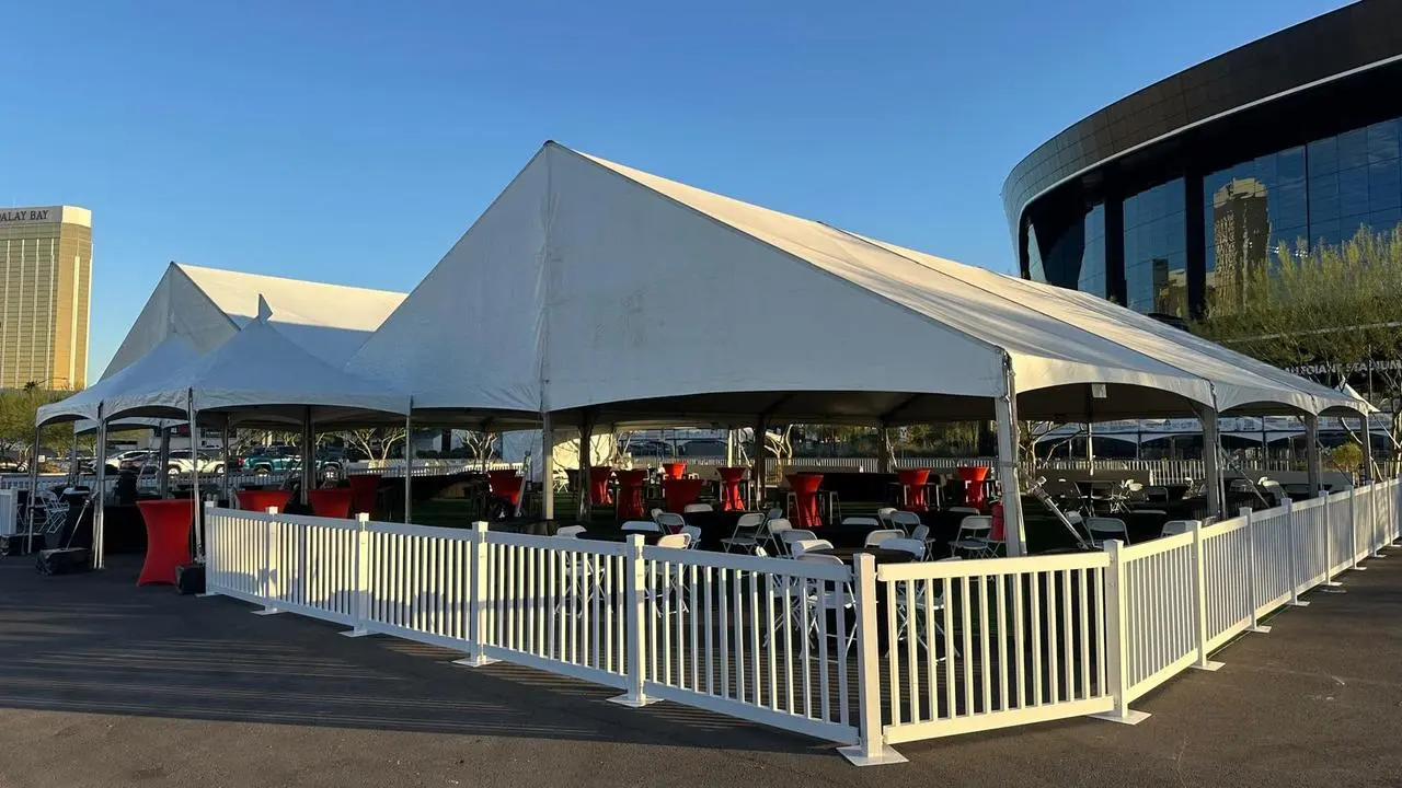 White picket fence stanchions outdoor event mandalay bay allegiant stadium for rent in Las Vegas