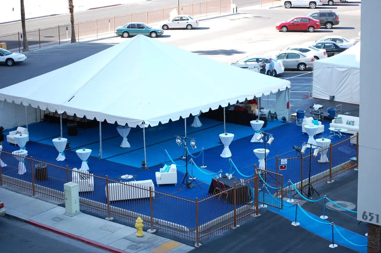 Entertainment tent installed in a parking lot