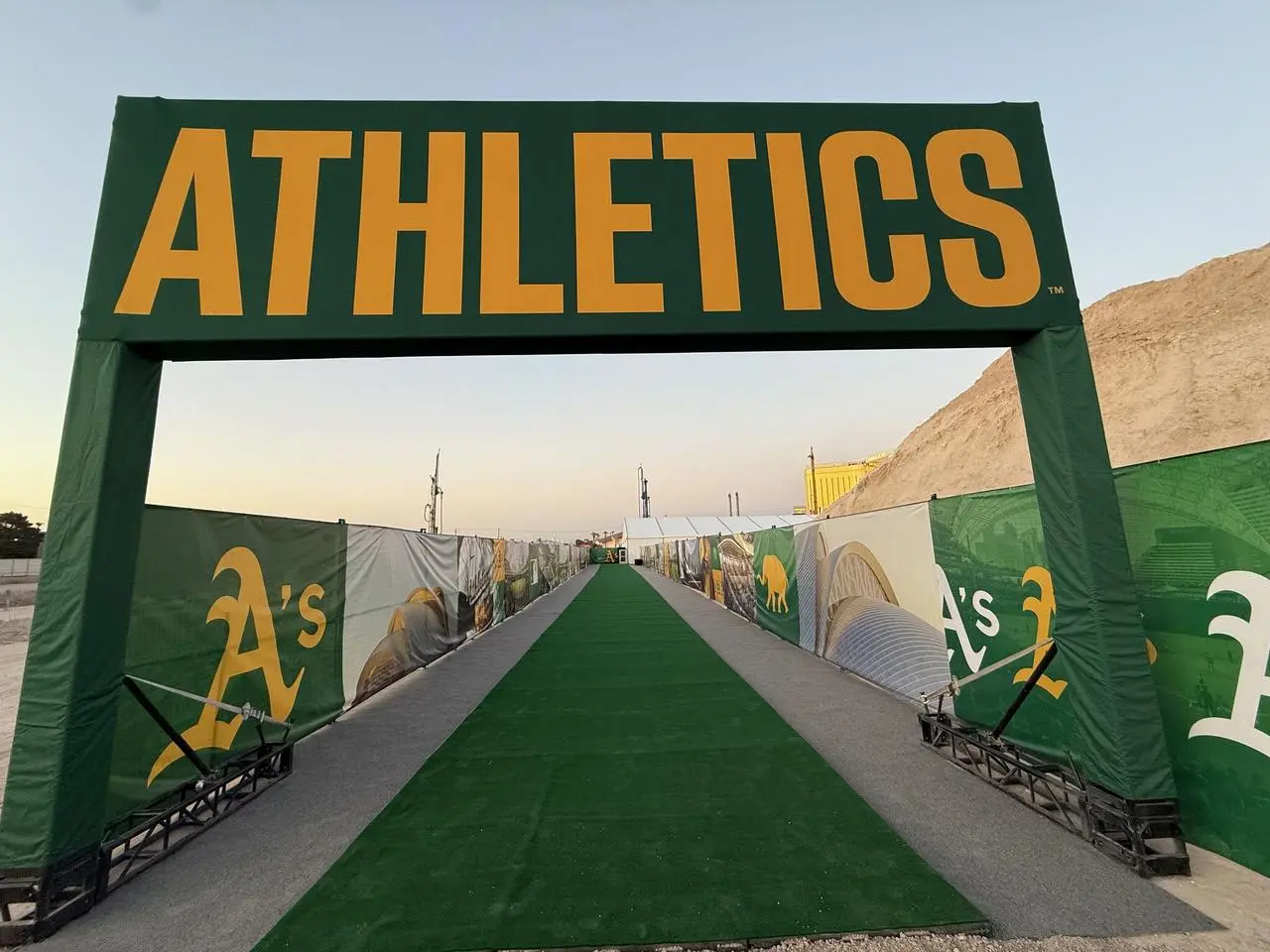 Athletics branded green archway entrance turf pathway banners event for rent in Las Vegas