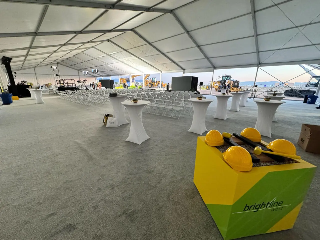 Brightline west groundbreaking event hard hats ceremonial shovels tent for rent in Las Vegas