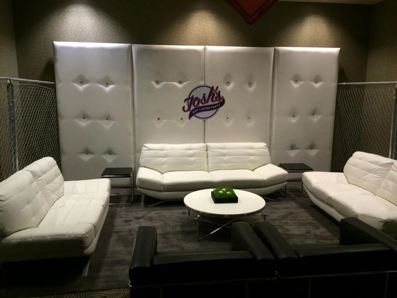 Josh mvp after party white tufted wall lounge modern furniture event for rent in Las Vegas