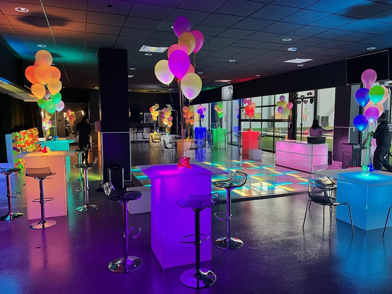 Led glow furniture colorful balloons dance floor modern party event for rent in Las Vegas