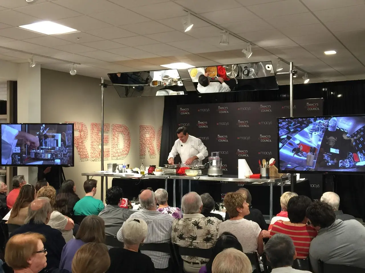 Macys cooking demonstration chef stage overhead mirrors event for rent in Las Vegas