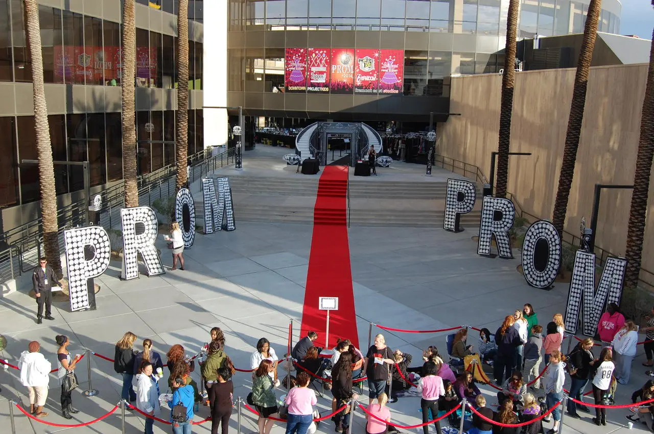 Prom event with red carpet and marquee letters
