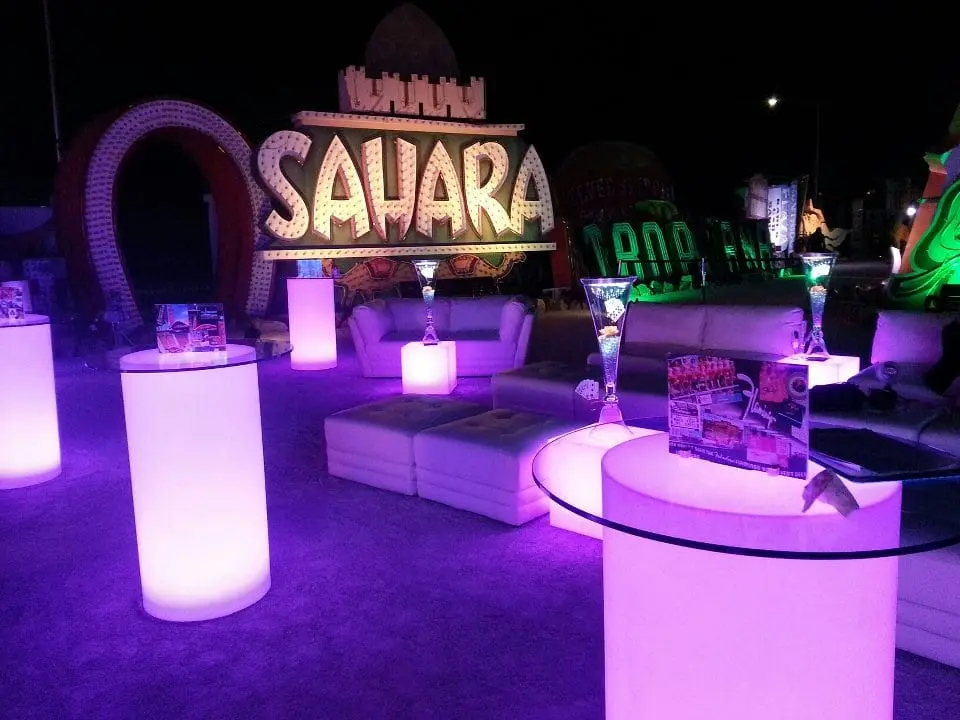 Purple led furniture sahara sign outdoor evening cocktail event for rent in Las Vegas