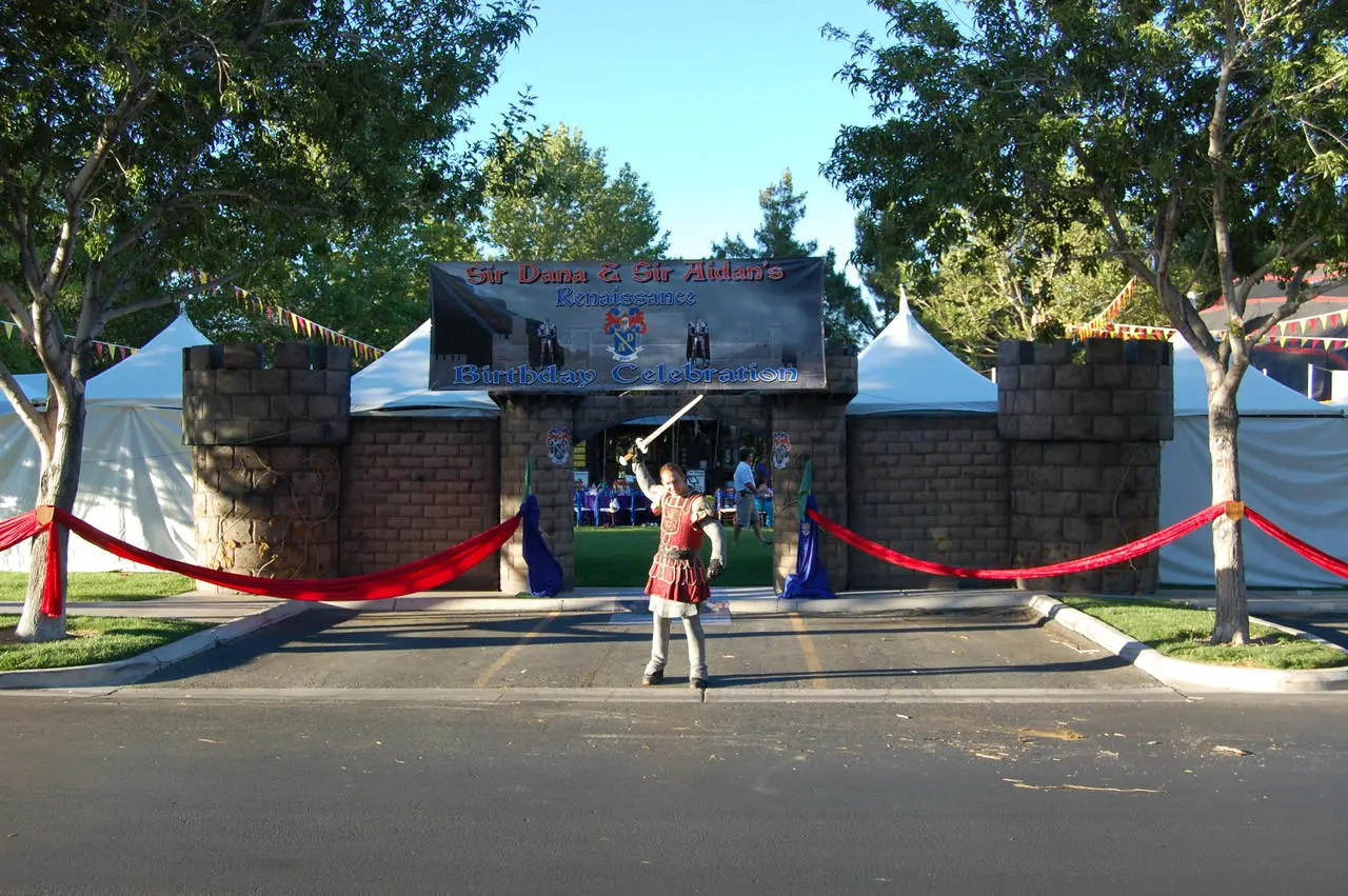 Renaissance themed birthday castle entrance gladiator costume for rent in Las Vegas
