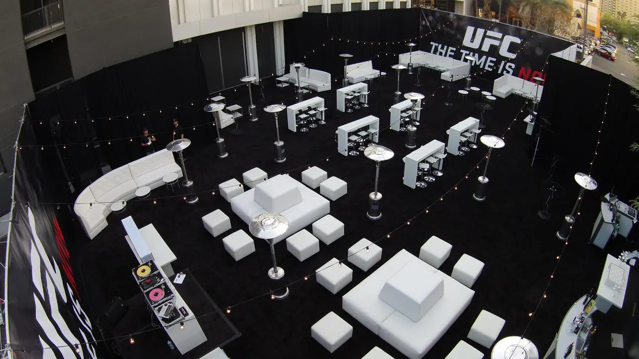 Ufc corporate outdoor event white lounge furniture dj patio heaters for rent in Las Vegas